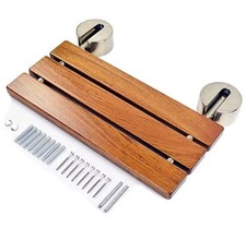 20" Burmese Teak Wood Wall Mounted Folding Shower Bench, Brushed Nickel Seat