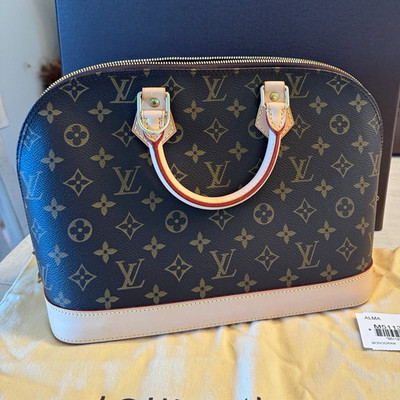 Louis Vuitton Alma Monogram Canvas Top Handle Handbag Brown Beige Dust Bag Box