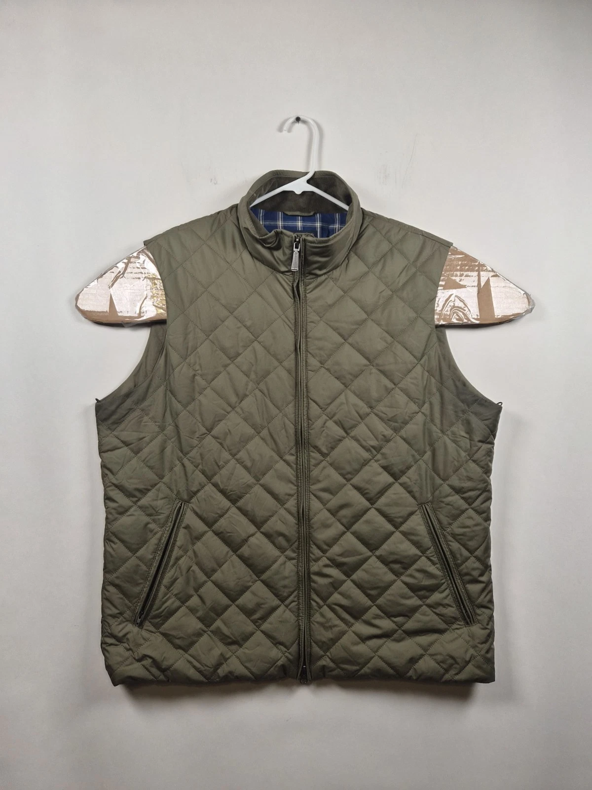 Brooks Brothers Quilted Vest Mens XL Olive Green Thermore Insulated Plaid Lined