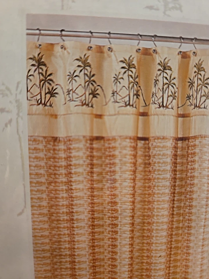 复古外观热带浴帘棕榈树全新织物棕色绿色 72sx72 — 第 2/4 张图片