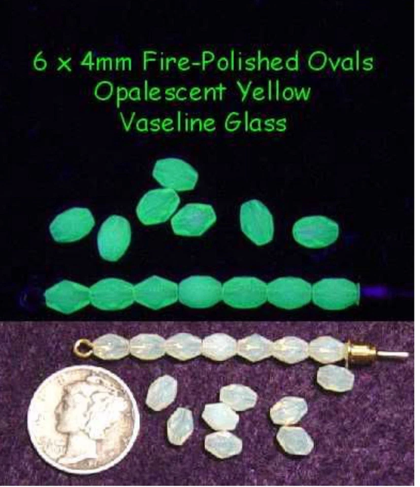 10 Pcs 6 x 4mm Facet Ovals Czech OPALESCENT Yellow VASELINE/URANIUM GLASS BEADS