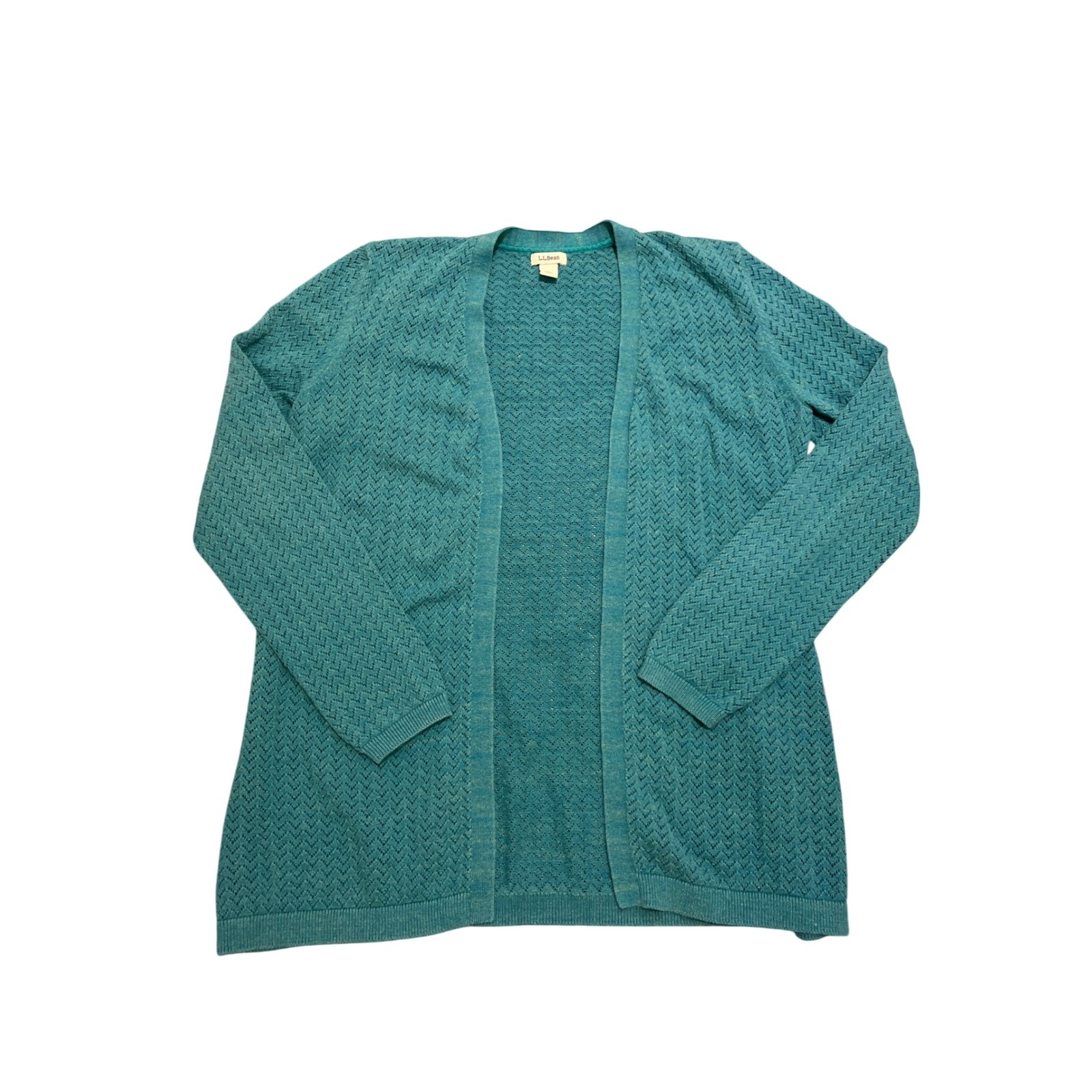 LL Bean Cardigan Sweater Women's Large Knit Open Front Green Textured Knit