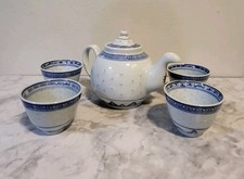 Vintage Rice Grain Chinese Tea Pot Set 4 Cups See Through Porcelain Blue White