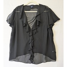 Chaps Ruffle Sheer Blouse Elegant Party Career Black Split Flutter Sleeve 20W