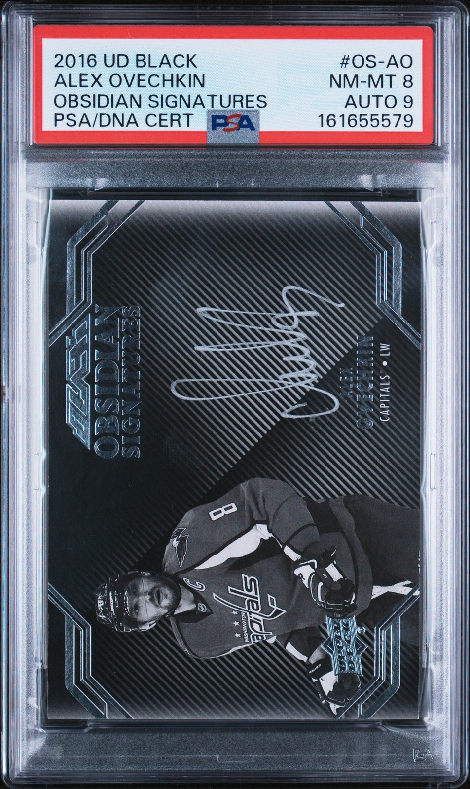 2016 UD BLACK OBSIDIAN SIGNATURES #OS-AO ALEX OVECHKIN PSA 8 AUTO 9