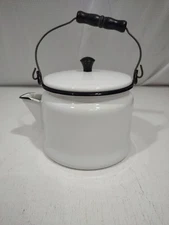 Vintage Coffee Tea Kettle Enamel White/Black Wood Handle 5" Pot / 6.5" w/Lid