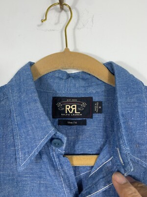 RRL Double RL Ralph Lauren Mens Denim Shirt Hemp Slim Fit Blue 