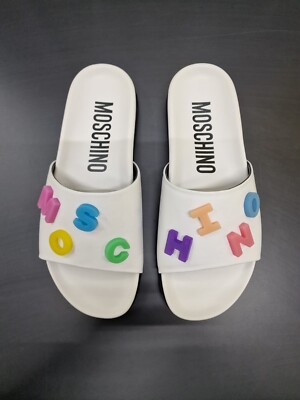 MOSCHINO weiße Leder Pantoletten Sandalen mit Schriftzug Logo - UK 7 / EU 40 - 420£