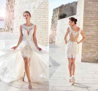 pre owned short wedding dresses Wedding Dresses 2 IN 1 Boho Vintage Chiffon Short Bridal Gown Long  Detachable