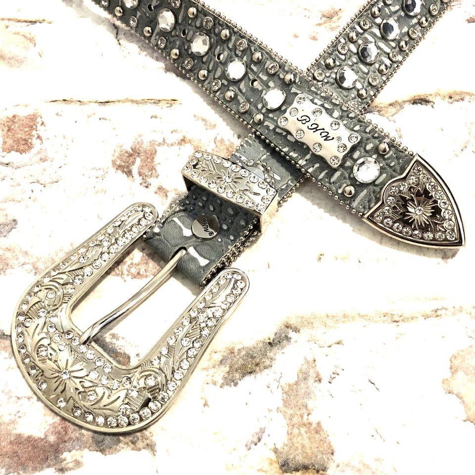 Womens Leather Belt Size L Cowgirl Crystal Studs Western Silver Blue 33~37" - Image 2 of 4