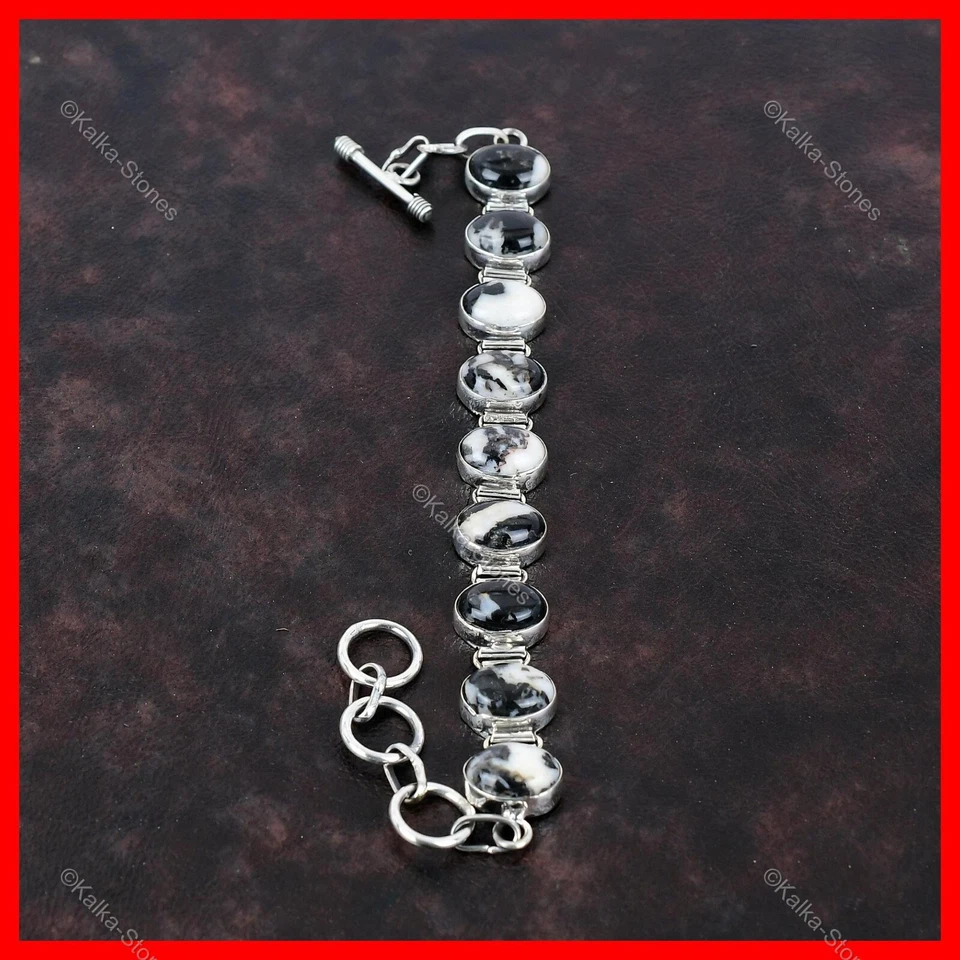 Pulsera bisel cadena piedra turquesa búfalo blanco plata de ley 925 bisel joyería Foto 3 de 4