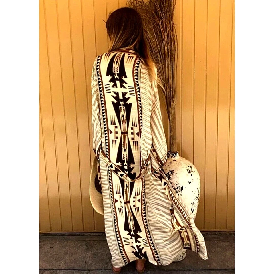 NEW Bohemian Southwestern Kimono Duster Maxi Cardigan Medium M Tribal Tan Black