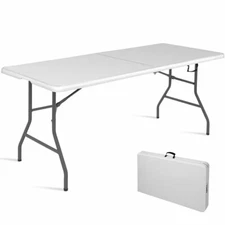 6FT Plastic Folding Table Portable Fold-in-Half Picnic Utility Table with Handle