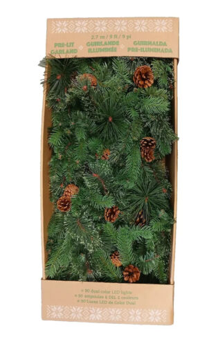 Pre-Lit Garland with 90 Dual Color LED Lights & Pinecones | Green, 9ft | Holiday