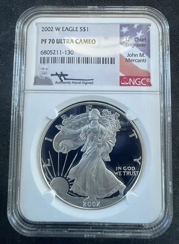 2002 W $1 1oz Proof Silver Eagle PR70 Ultra Cameo NGC John Mercanti Flag