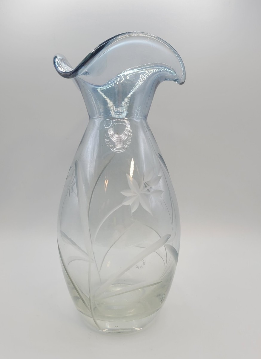 Vintage LENOX Glass Etched Flowers Rare Blue Tint Ruffled Rim Vase