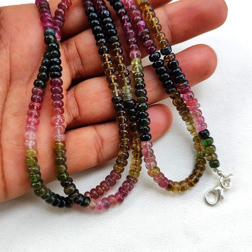 Natural Rainbow Tourmaline Gems 5 mm Size Smooth Rondelle Beads 17" Necklace - Picture 3 of 10