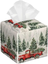 Red Truck Christmas Tree Tissue Box Cover - Decorative Leather Case Holder