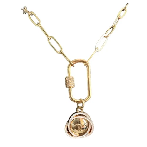 Chanel Oro Girocollo Cerchio CC Ciondolo con Fermacarte Moschettone Collana (CCXX035)