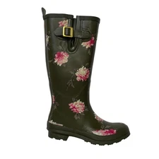 Joules Womens Tall Rain Boots Floral Print Green Pink Buckle Size 7
