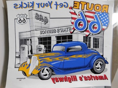 Route 66 Get Your Kicks America's Hwy T-Shirt Heat Transfer Iron On VTG Hot Rod