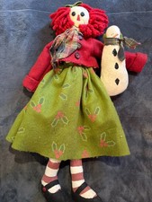 VTG Primitive Country Folk Art Raggedy Ann with Snowman Holly Skirt 25"