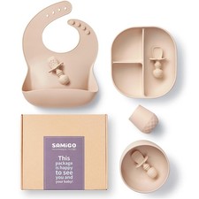 Silicone Baby Feeding Set Suction Plate Bowl Spoons Bib Cup Weaning 6 Months