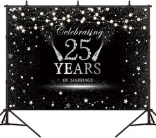 Celebrating 25 Years of Marriage Backdrop Black and Silver Lights Champagne