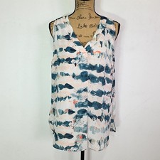 Cabi Womens Sz M Tank Top Pink Blue Geometric V Neck Sleeveless Slit Sides