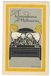 Cartolina Halloween Gibson Art Co. 2 bambini a letto spaventati da JOL posti letto