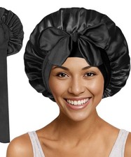 1 x Bonnet Zum Binden Schwarz Satin Schlafhaube mit Schleife Damen