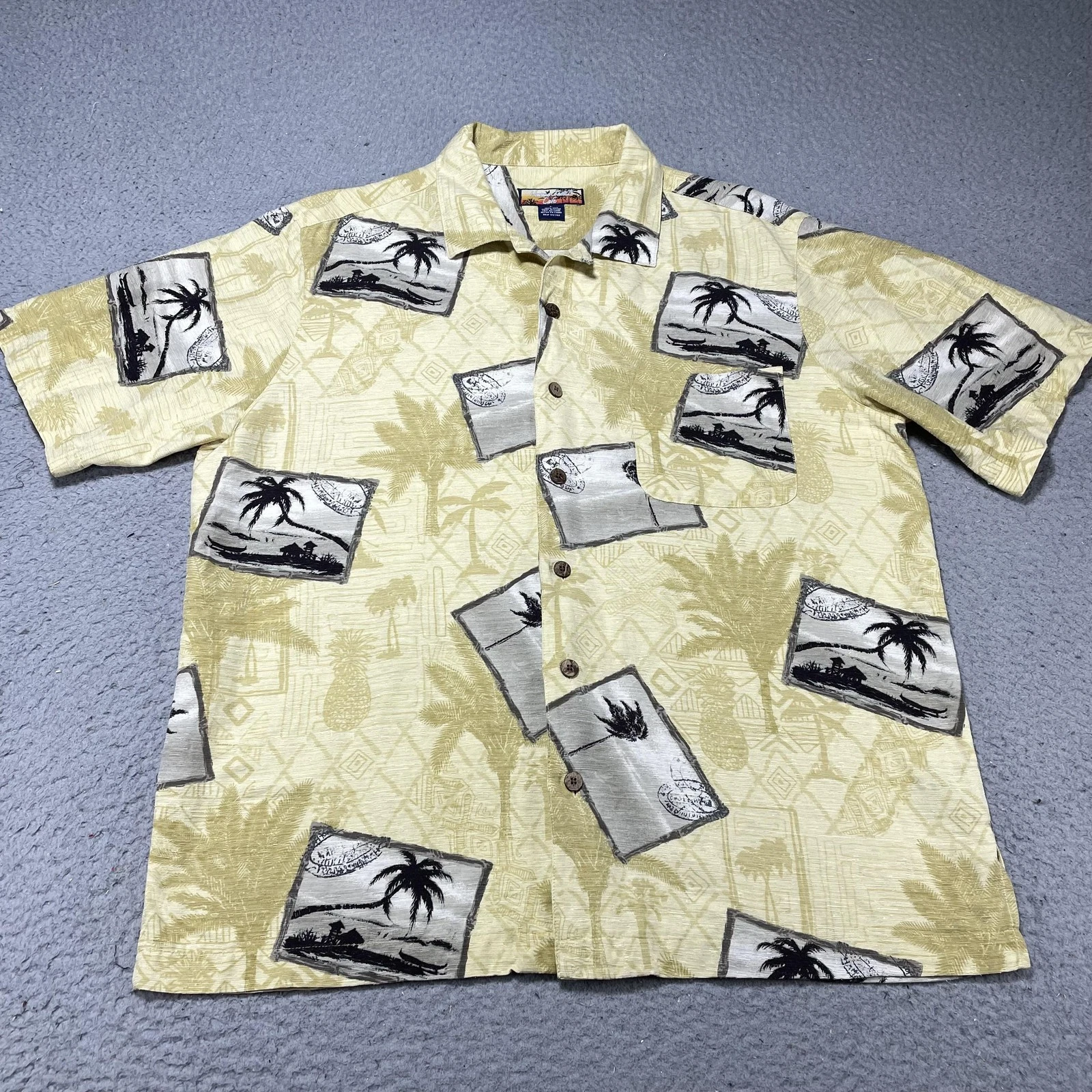 Hawaiian Isles Cafe Shirt Mens XL Beige Silk Hawaiian Aloha Tropical Palm Print