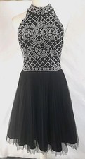 Xscape Short Beaded Halter Dress Pleated Tulle Lined