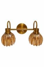 2-Light Brushed Gold Bathroom Vanity Light Amber Ribbed Glass Shade Wall Fixture