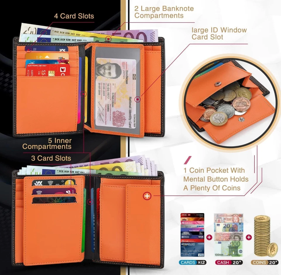 Portefeuille Porte monnaie Homme Cuir Véritable Blocage RFID/NFC 13 Porte Carte - Photo 2/4