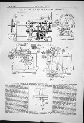 Alte Technik 1881 Holz Garbenbindung Erntemaschinen Instrumente viktorianisch