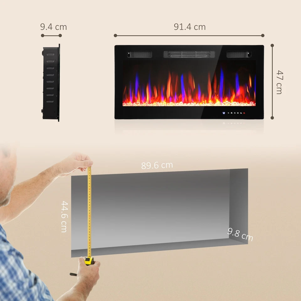 HOMCOM 36" Wall Electric Fireplace, Slim Electric Fire, 1800W, Black - Image 3 of 4