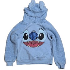Disney Stitch Sherpa Fleece Hoodie Kid's Size L 10 12 Light Blue Character Ears