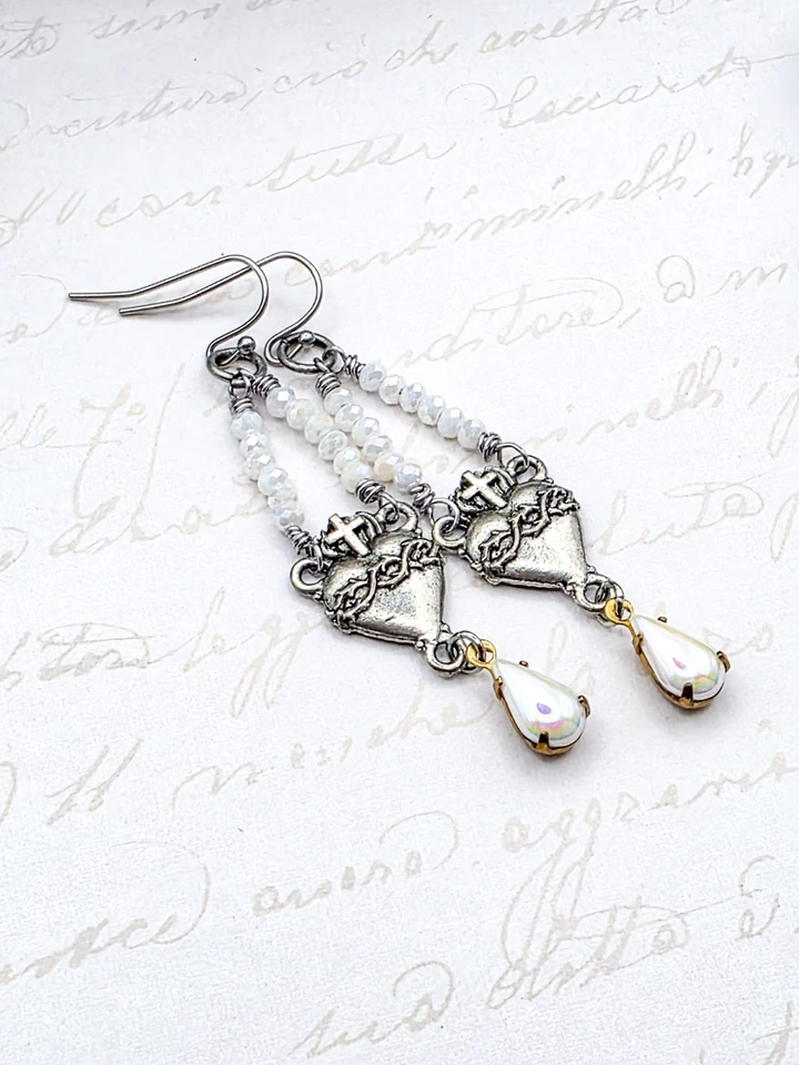 Sacred Heart Beaded Earrings with Crystal Teardrop, Vintage Inspired Religious - Image 3 of 4