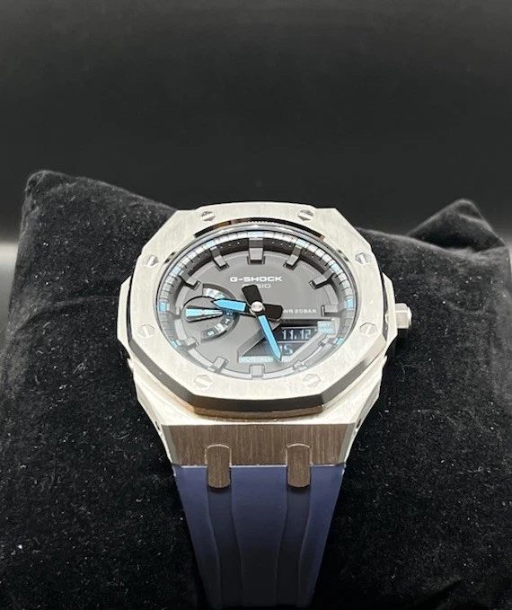 Custom G-Shock GA-2100 Blue Watch with Metal Case and Rubber Strap - Image 4 of 4