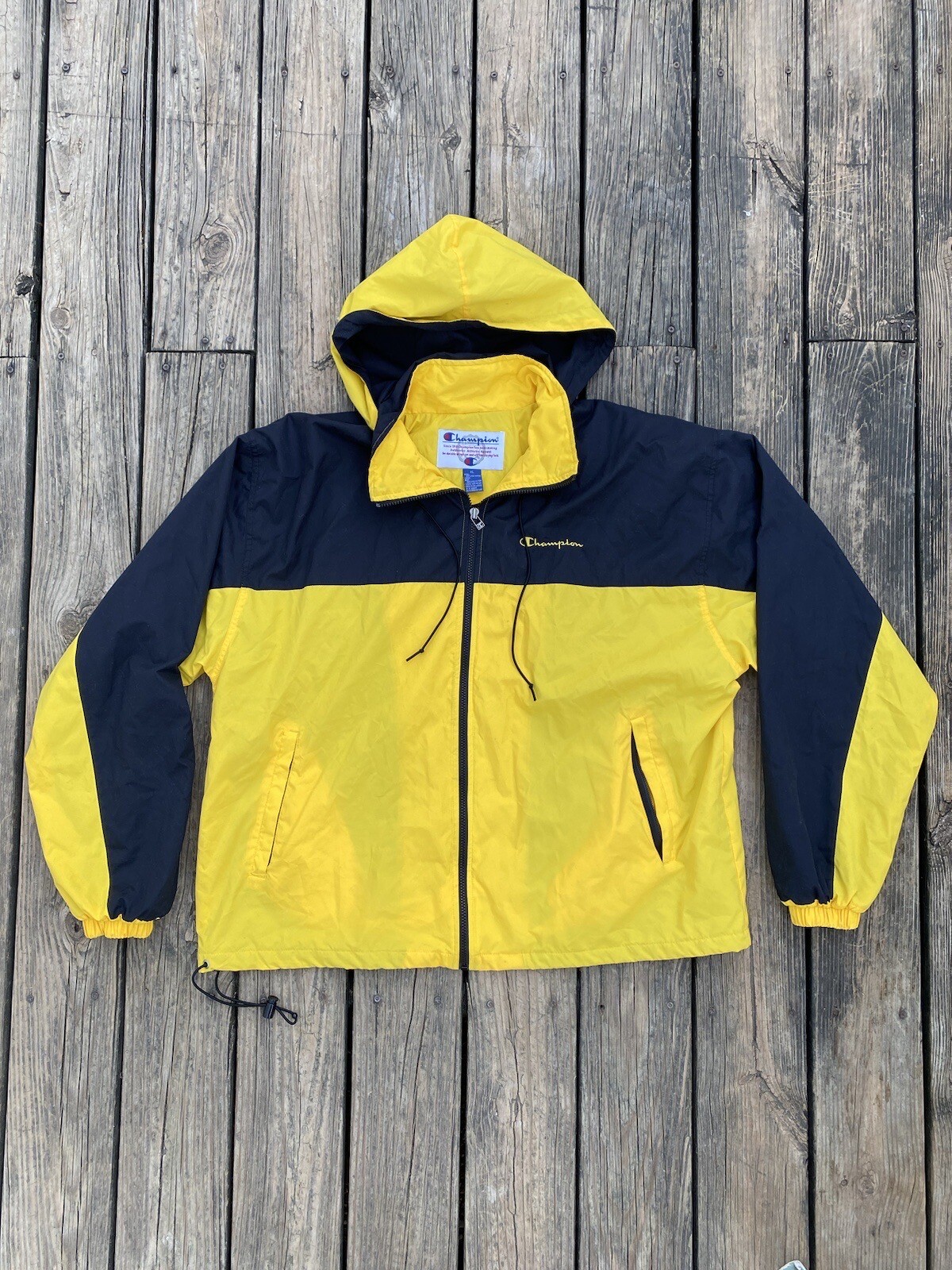 Vintage Champion Men’s Jacket Full Zip 90’s Black Yellow Windbreaker Rain Y2K XL