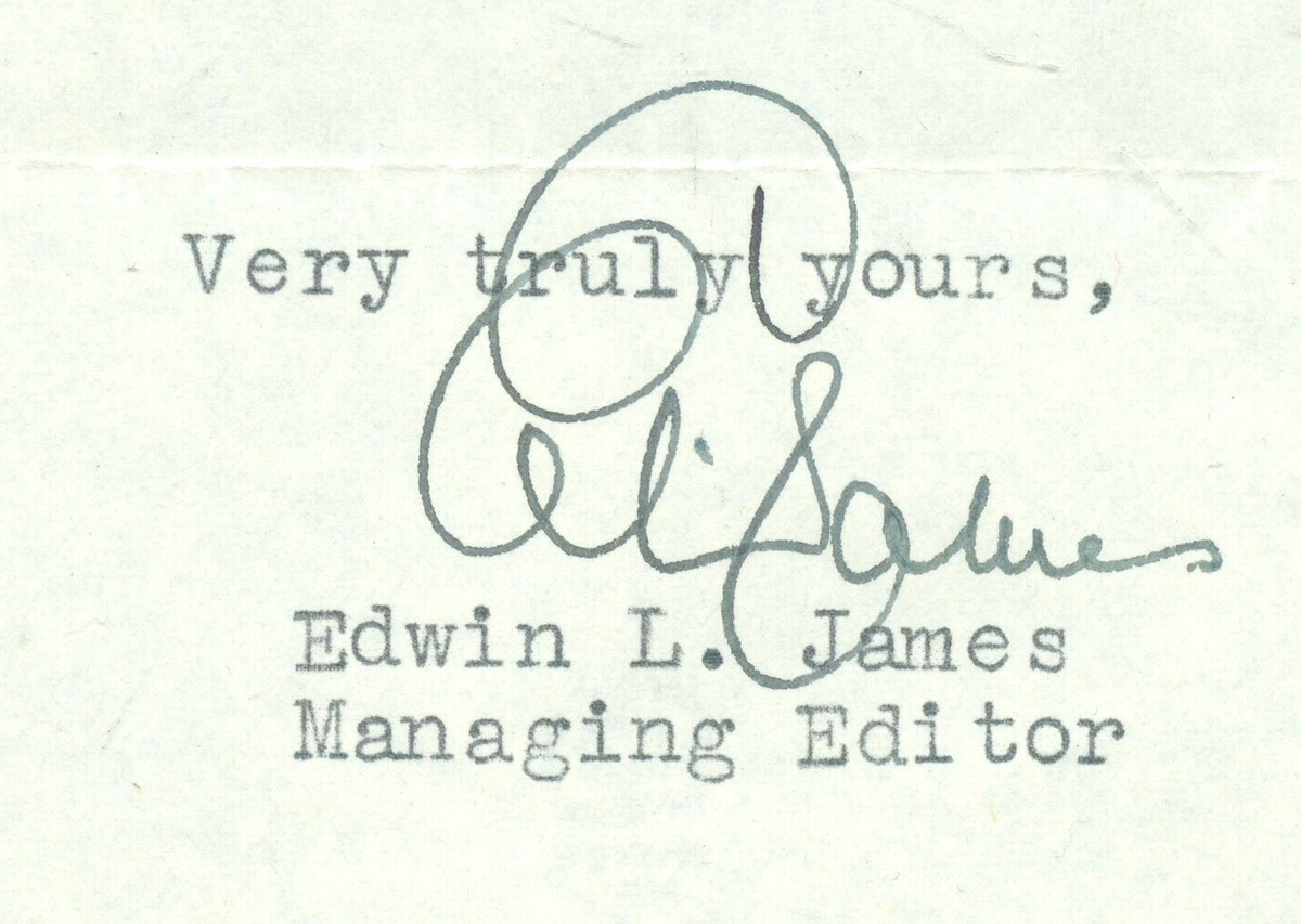May 9 1947 SIGNED Letter New York Times Editor Edwin James, Sabotage &  Churchill
