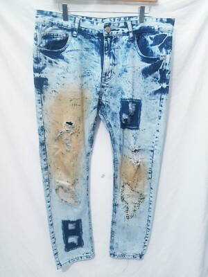 Mens FASHION Jeans 36in x 30in Leg Distressed Blue tapered leg