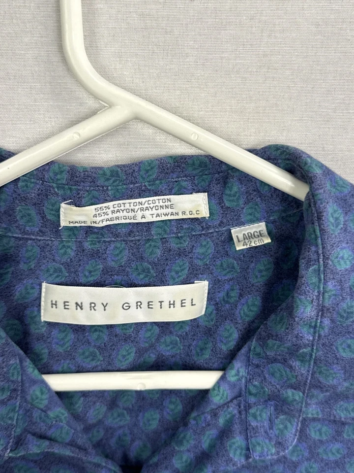 Henry Grethel Shirt Men's L Blue Green Leaf Print Cotton Short Sleeve Button-Up - Image 3 of 4