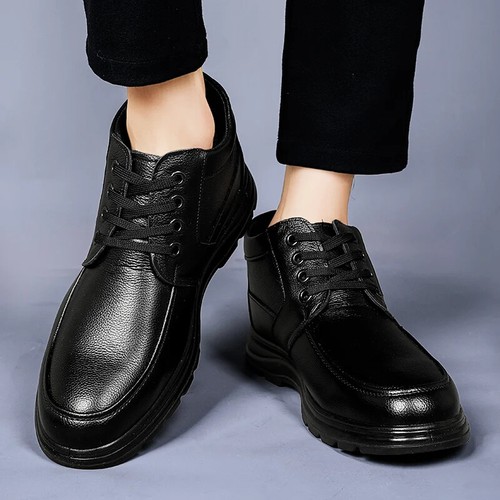 Leather Men's Winter Warm Ankle Boots Waterproof Lace Up Casual Soft Flat Shoes - Picture 16 of 26
