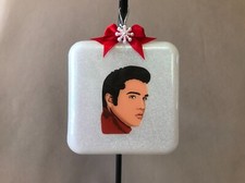 Elvis XL Square Shaped Glass Collectible Christmas Ornament Handmade In USA, New