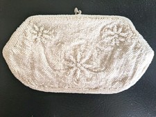Women's White Beaded Hand/Clench Purse Evening/Prom/Wed Bag with Lining VNG EUC