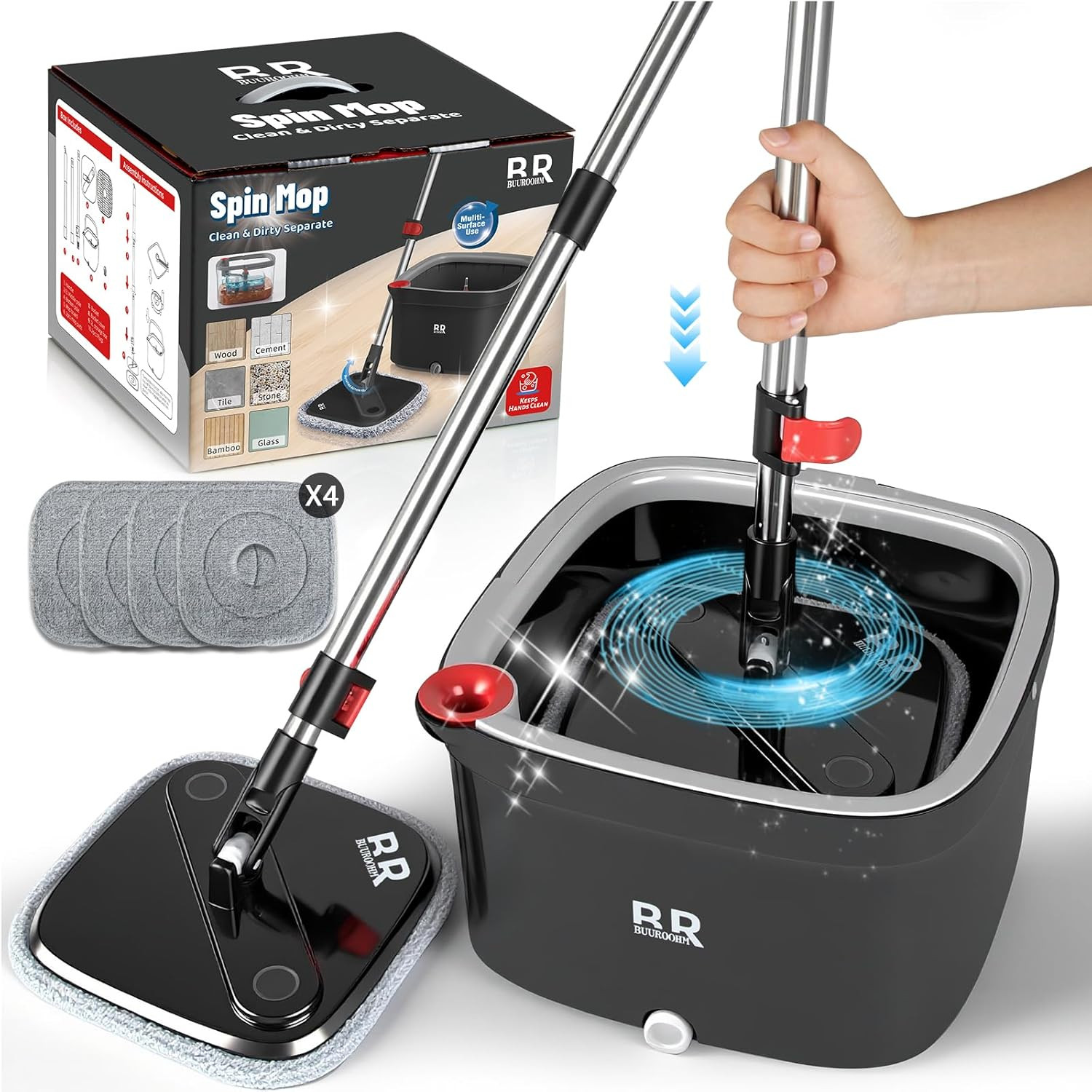 Sistema Lavapavimenti Rotante 360° | Secchio con Centrifuga + 4 Mop