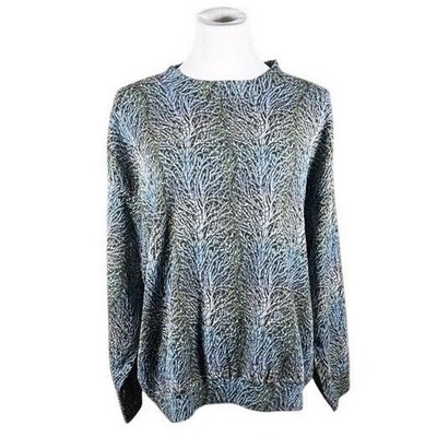 Jhane Barnes Womens XL Blue Green Textured Knit Abstract Branch Crewneck Top