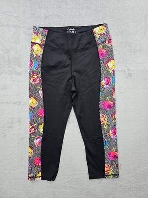 BETSEY JOHNSON Performance Polka Dot Floral Trim Black Capri Leggings Size Large